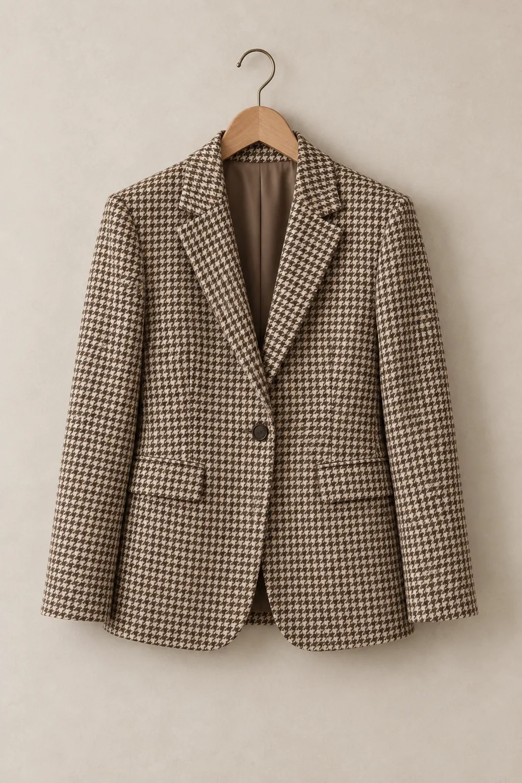Karirast suknjič houndstooth vzorca na lesenem obešalniku.